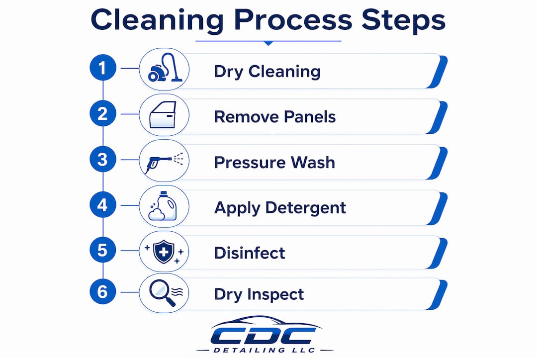 Infographic showing cleaning steps for agricultural vehicles