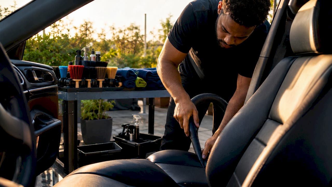 Detailer vacuuming car upholstery with brushes nearby