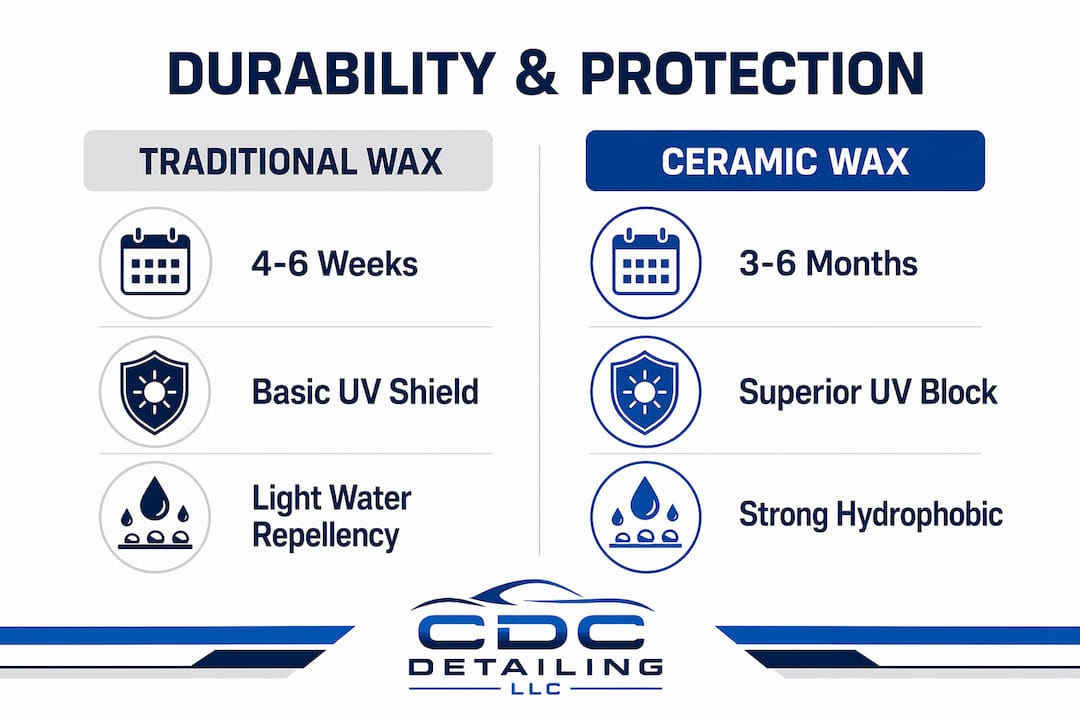 Infographic comparing ceramic and traditional car wax durability and protection