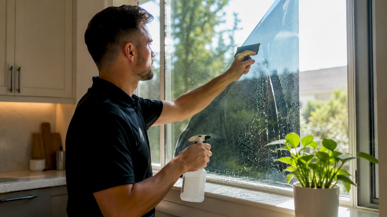 Window film being professionally installed on home window