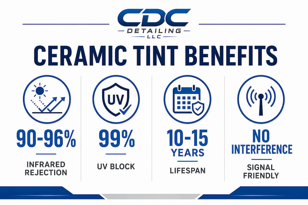 Infographic showing key ceramic tint performance stats