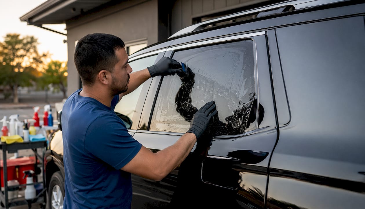 Technician applying window tint on large SUV window