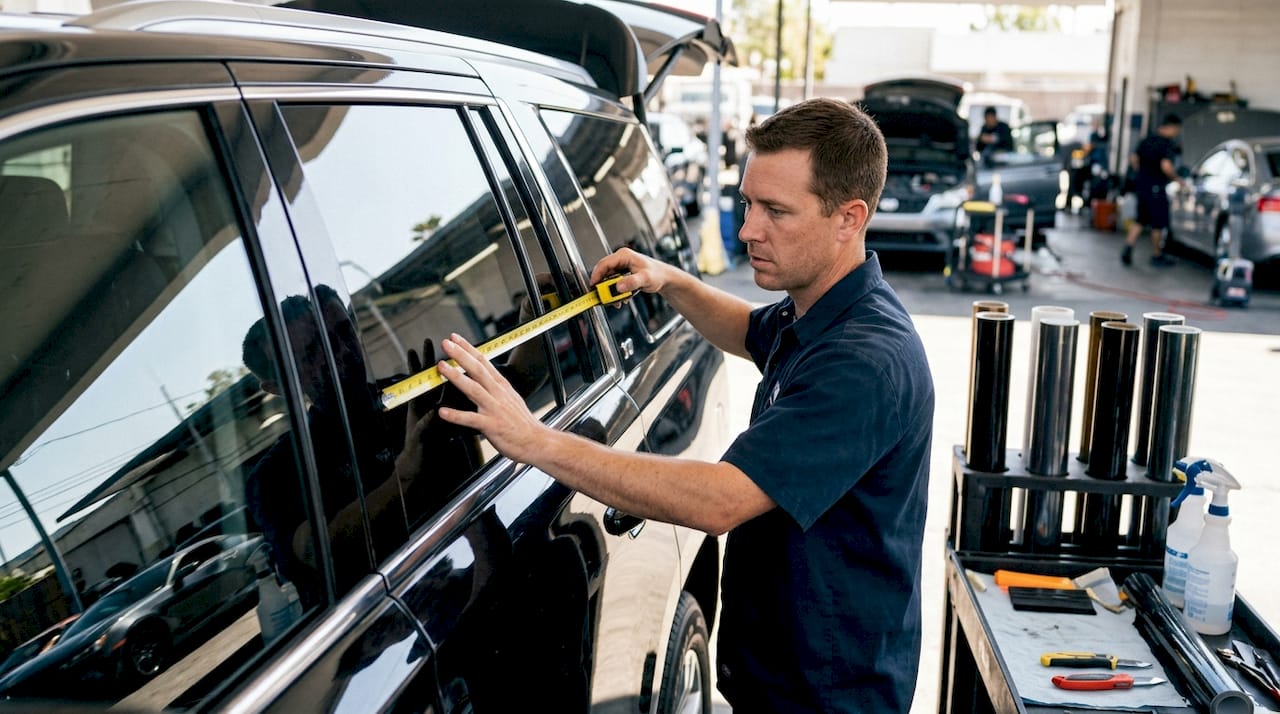 Technician measuring SUV window for tinting