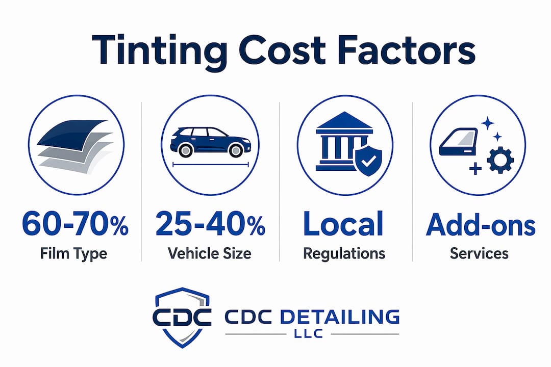 Infographic showing main factors impacting window tinting cost