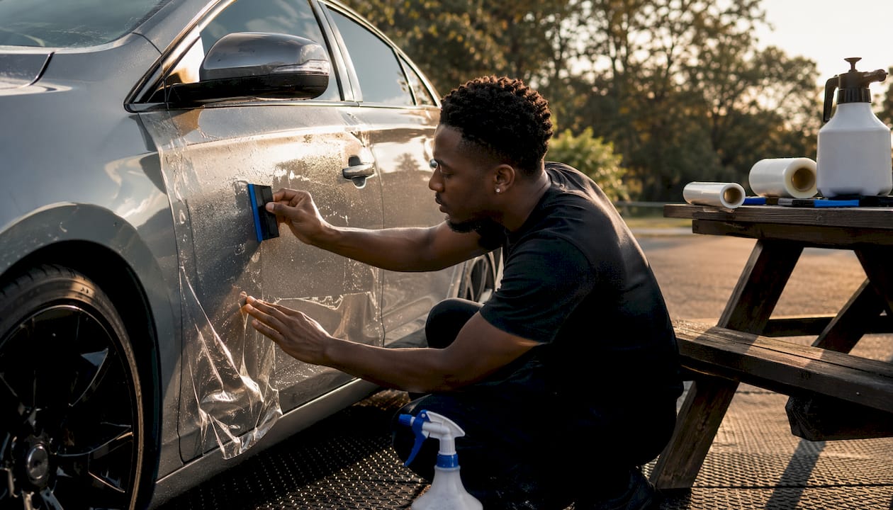 Installer smoothing wet paint protection film on SUV door