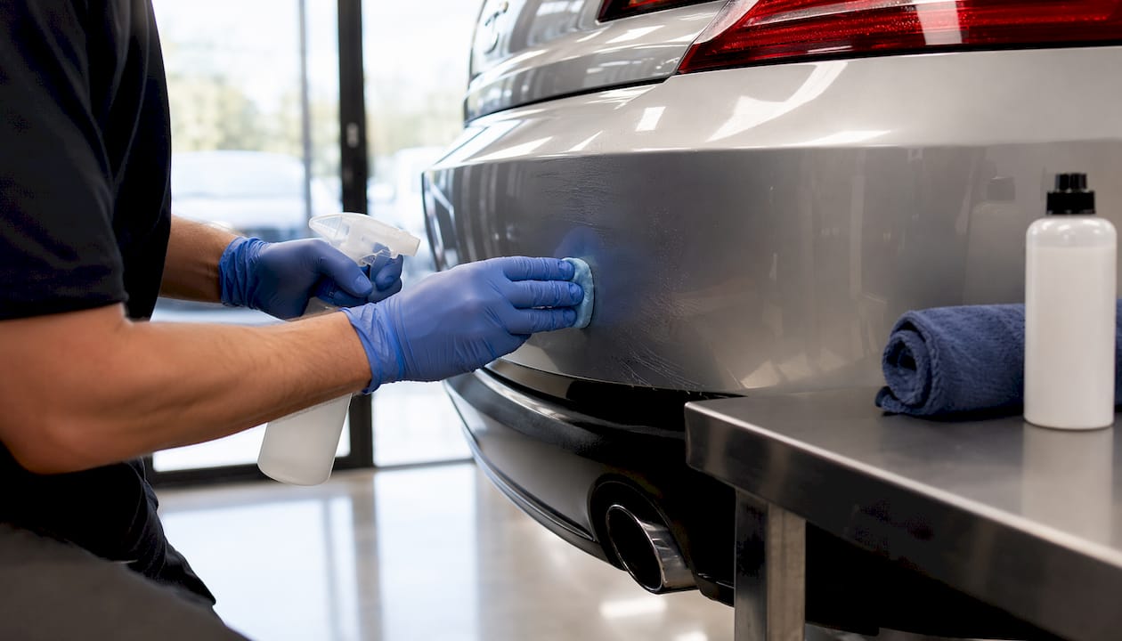Hands using clay bar on car fender