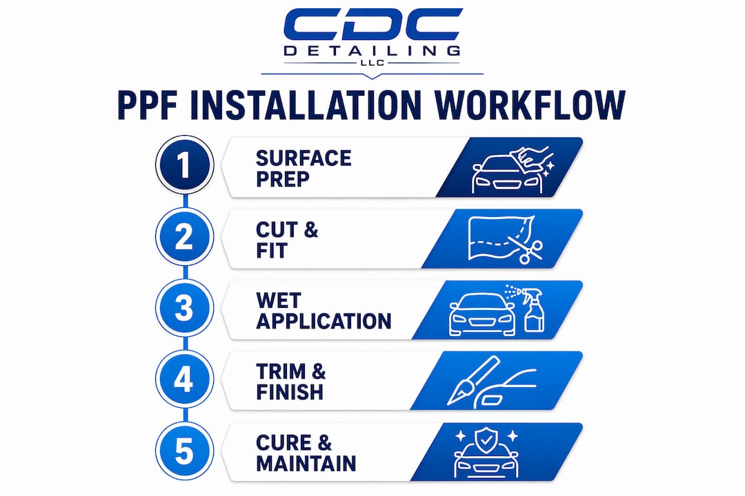 Infographic showing steps for paint protection film installation