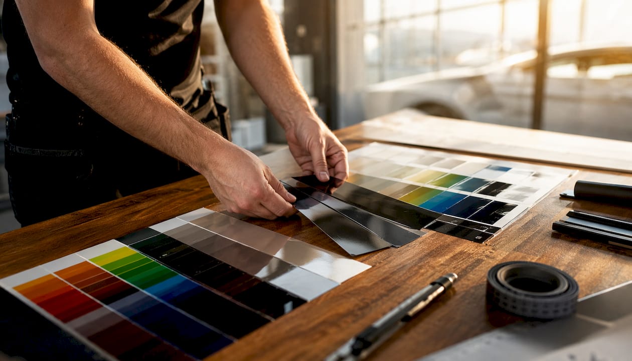 Hands arranging window tint strips with VLT chart