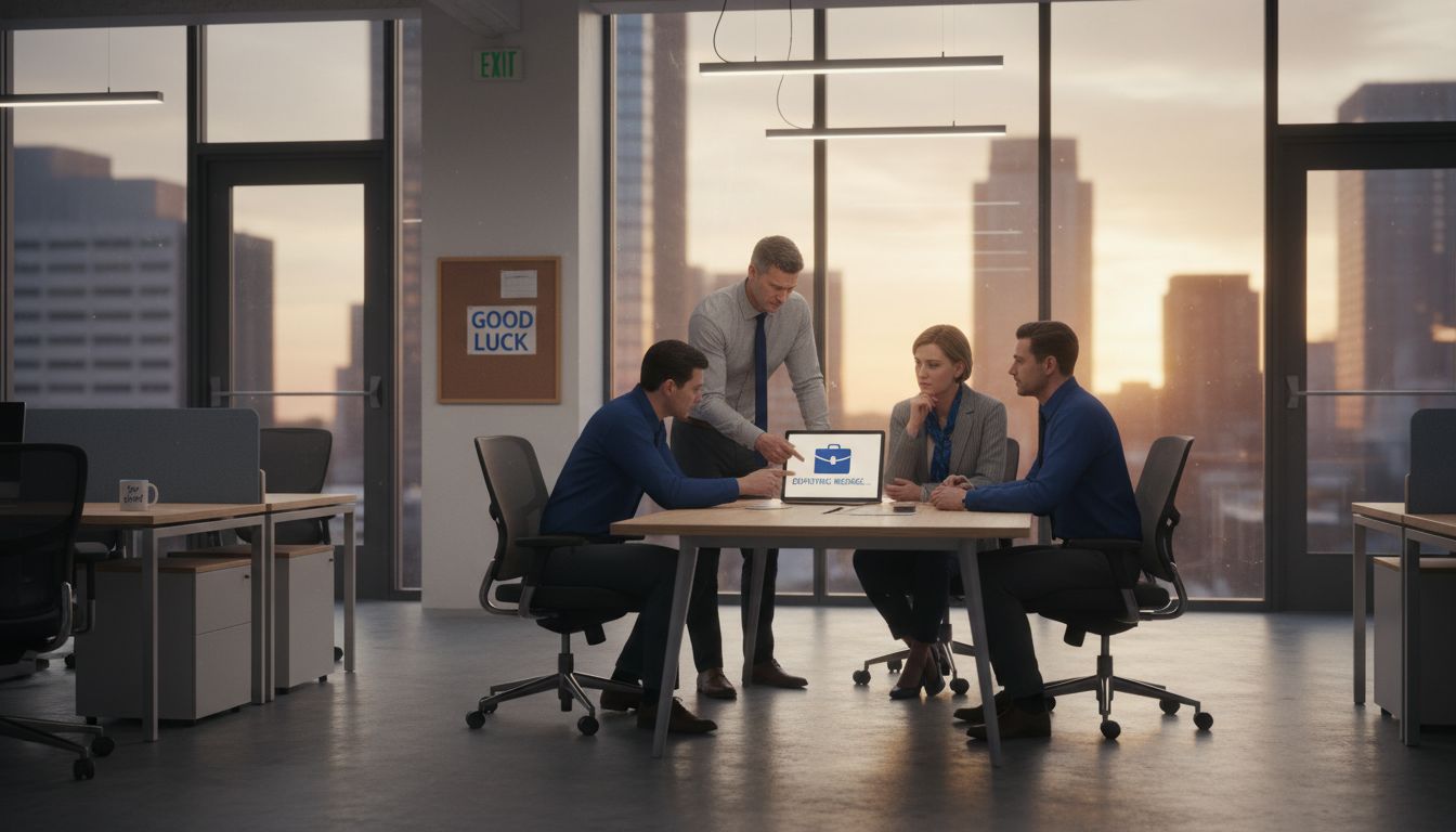 Empty desks and managers discussing churn impact