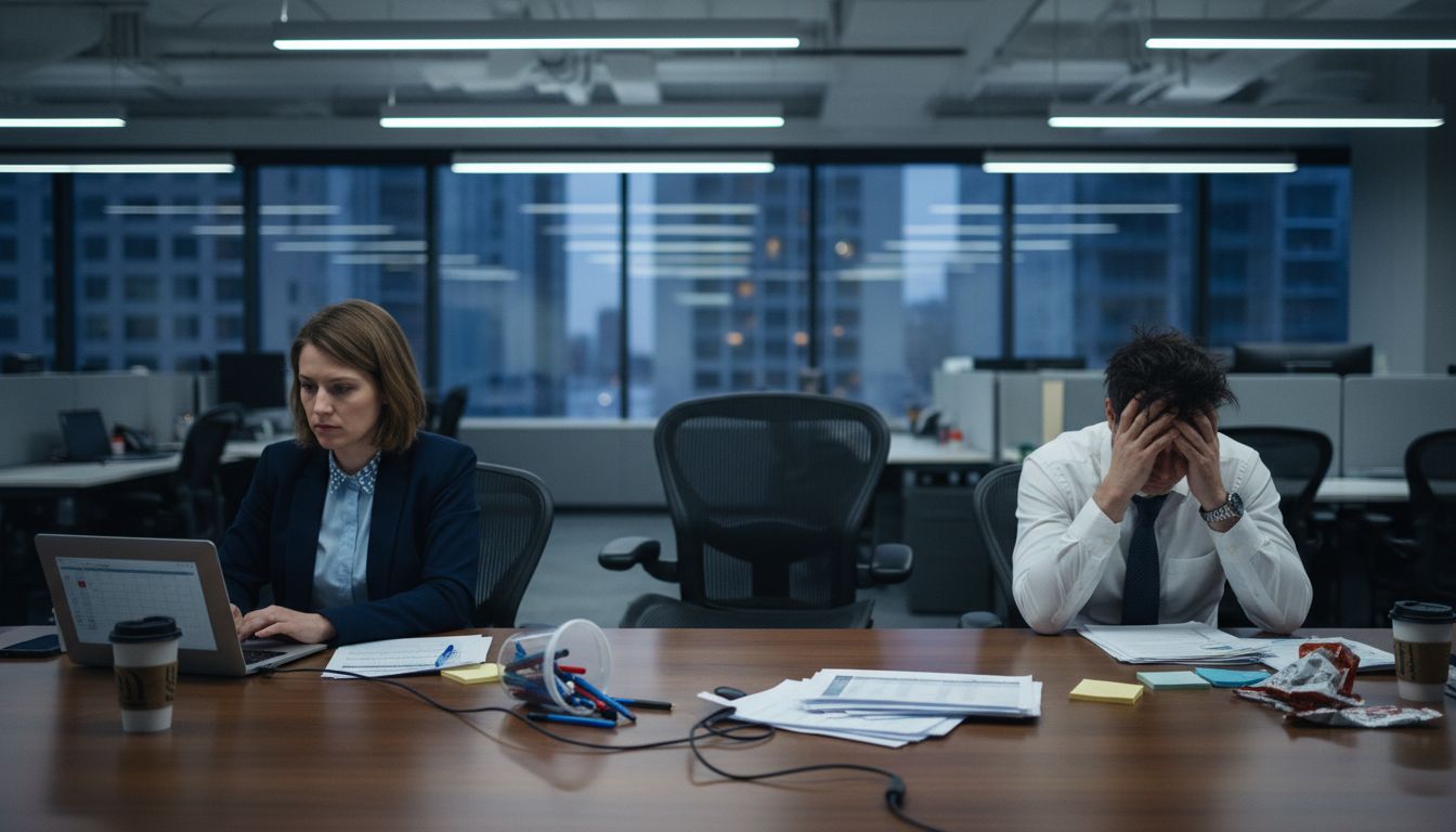 Stressed team with empty office chair after meeting