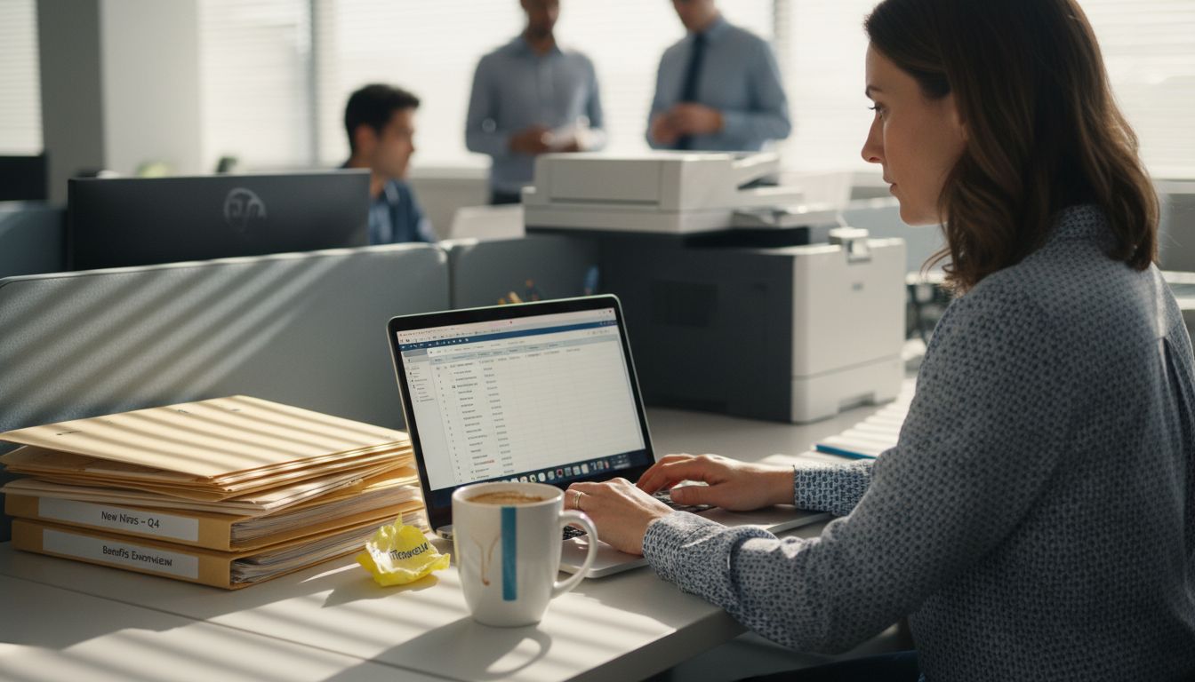 HR specialist calculating turnover costs at desk