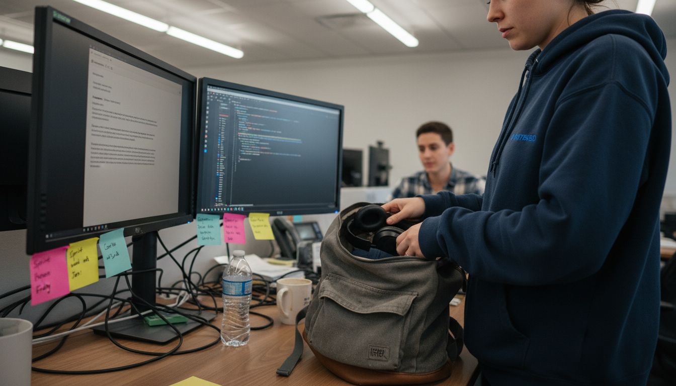 Software engineer packing up desk at job departure
