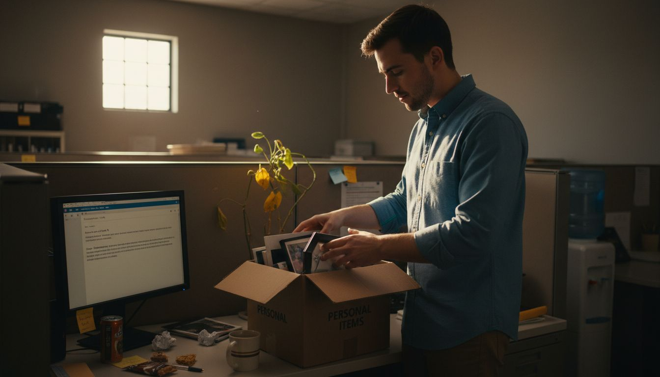 Employee packing desk in cubicle after resigning
