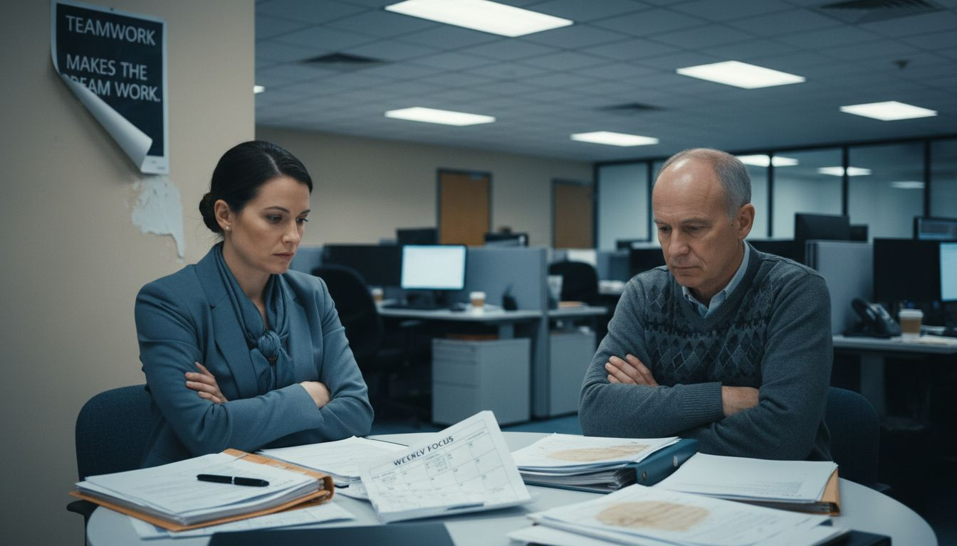Colleagues displaying workplace tension at table