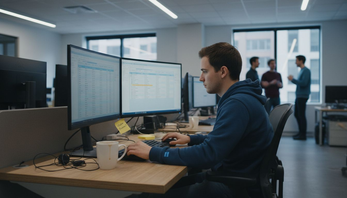 Engineer slouched at workstation feeling uninspired