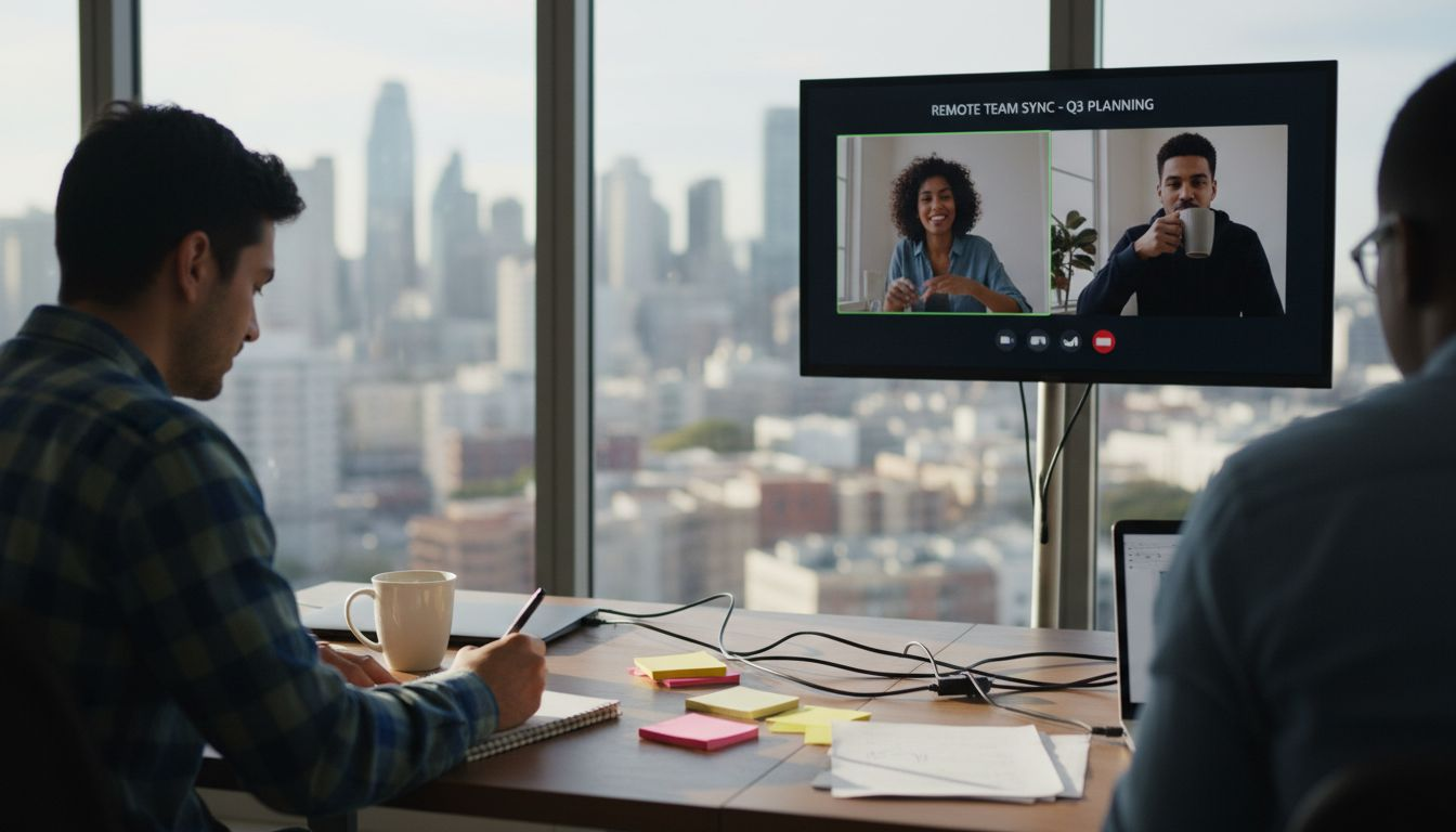 Hybrid team collaborating in office and remotely