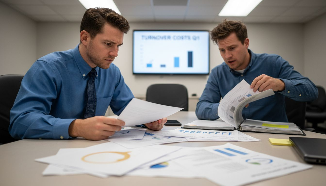 HR manager reviews employee turnover reports