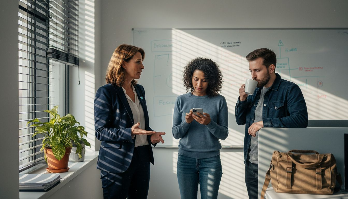 Manager chatting with team in office