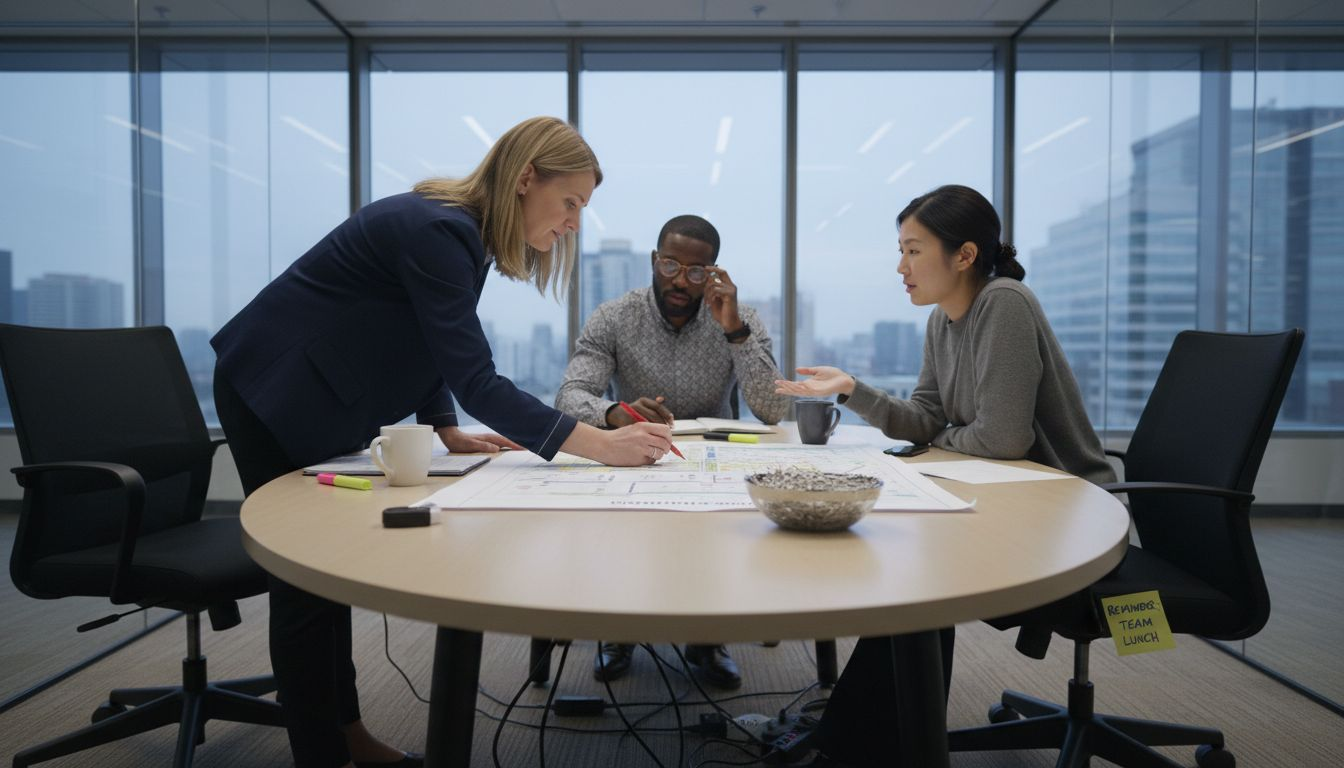 Team reviewing employee experience map documents