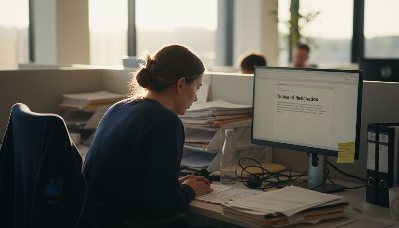 Employee reading resignation email at desk