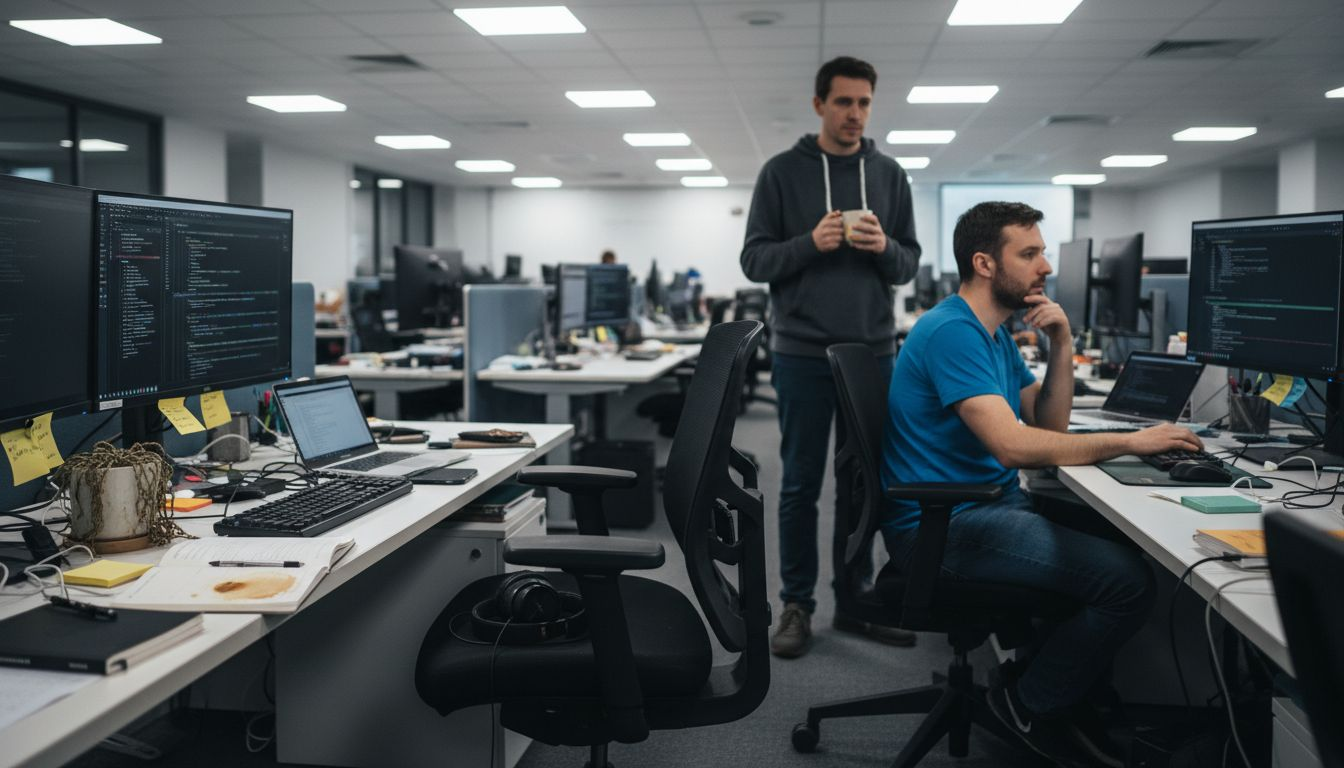 Empty workstation with coworkers reacting