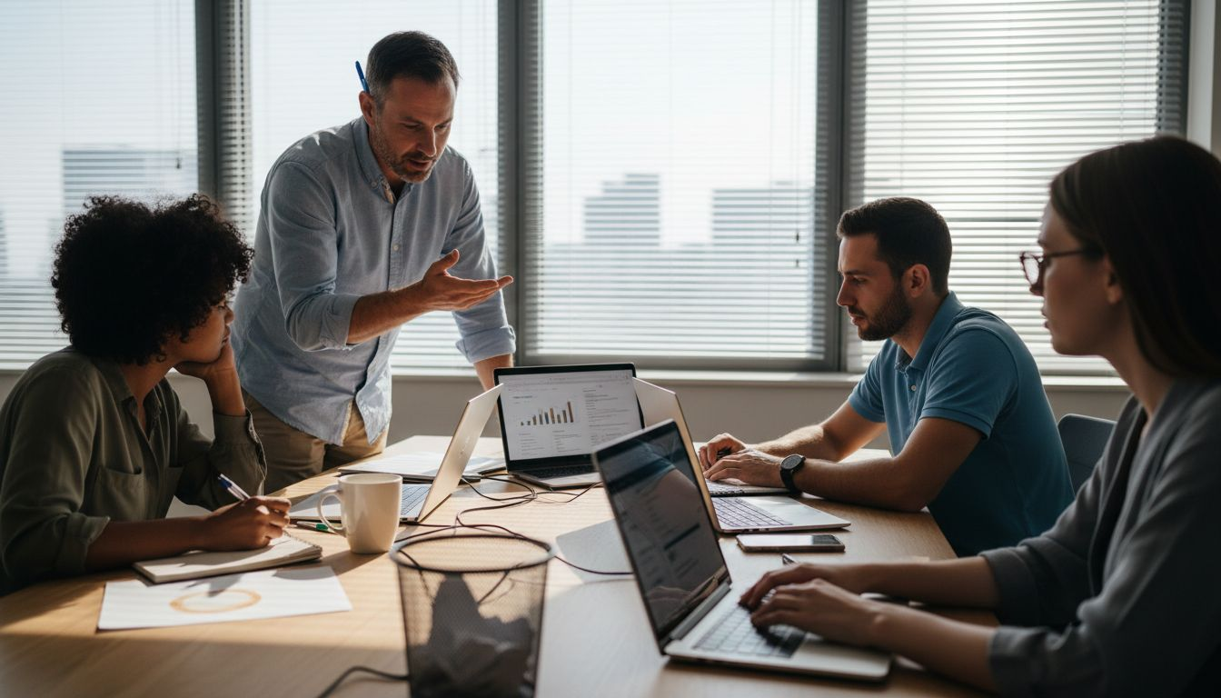Manager leads team discussion in workspace