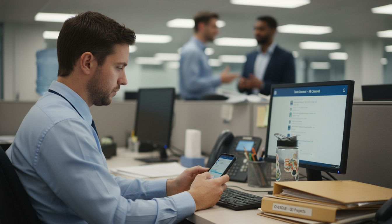 Disengaged employee ignoring busy office scene