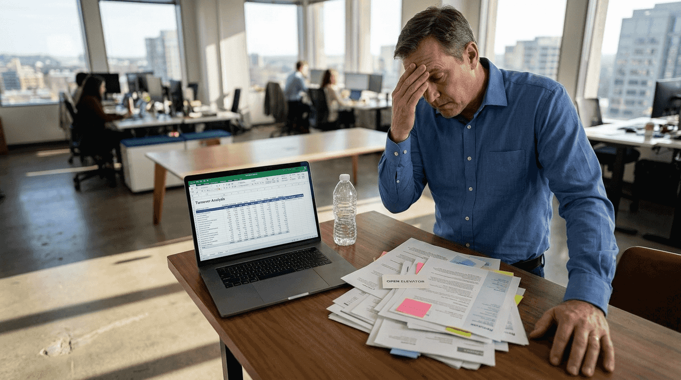 Stressed manager reviewing turnover analysis