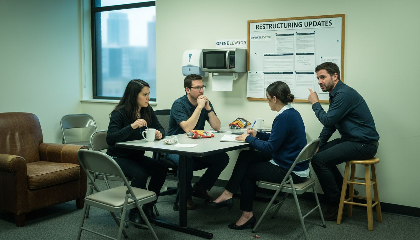 Employees reacting to restructuring updates in break room