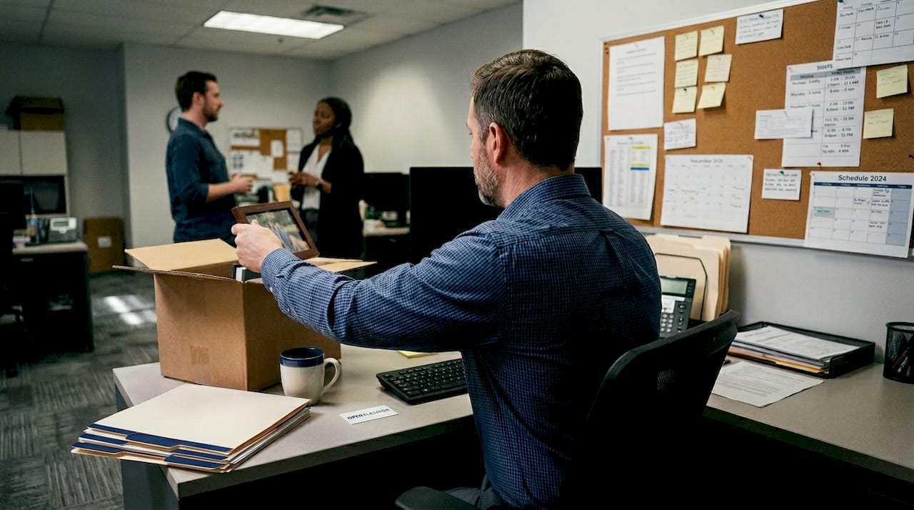 Employee packing up desk during departure