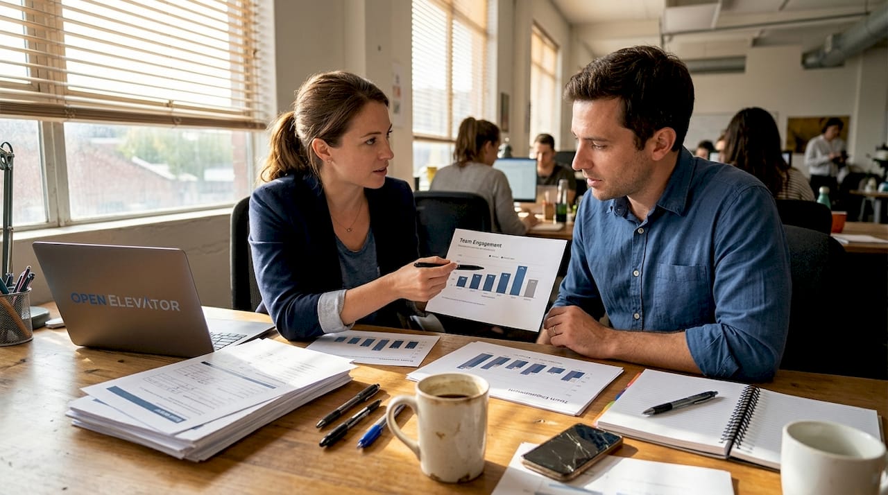 Employees discussing engagement survey results