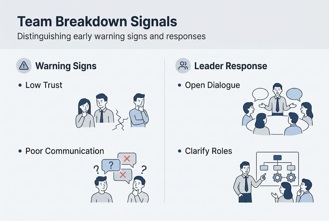 Infographic showing team breakdown signs and responses