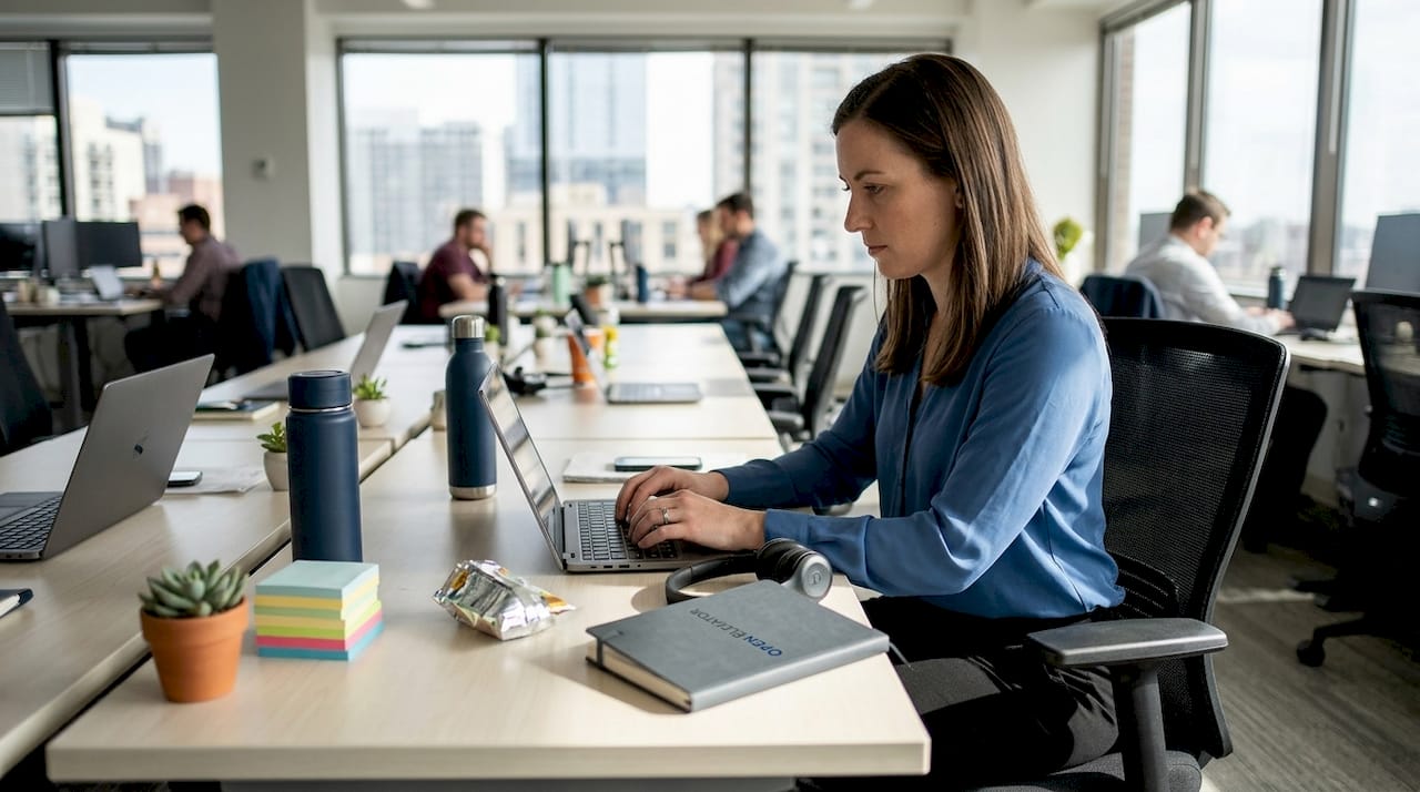 Focused employee working at sunlit shared desk