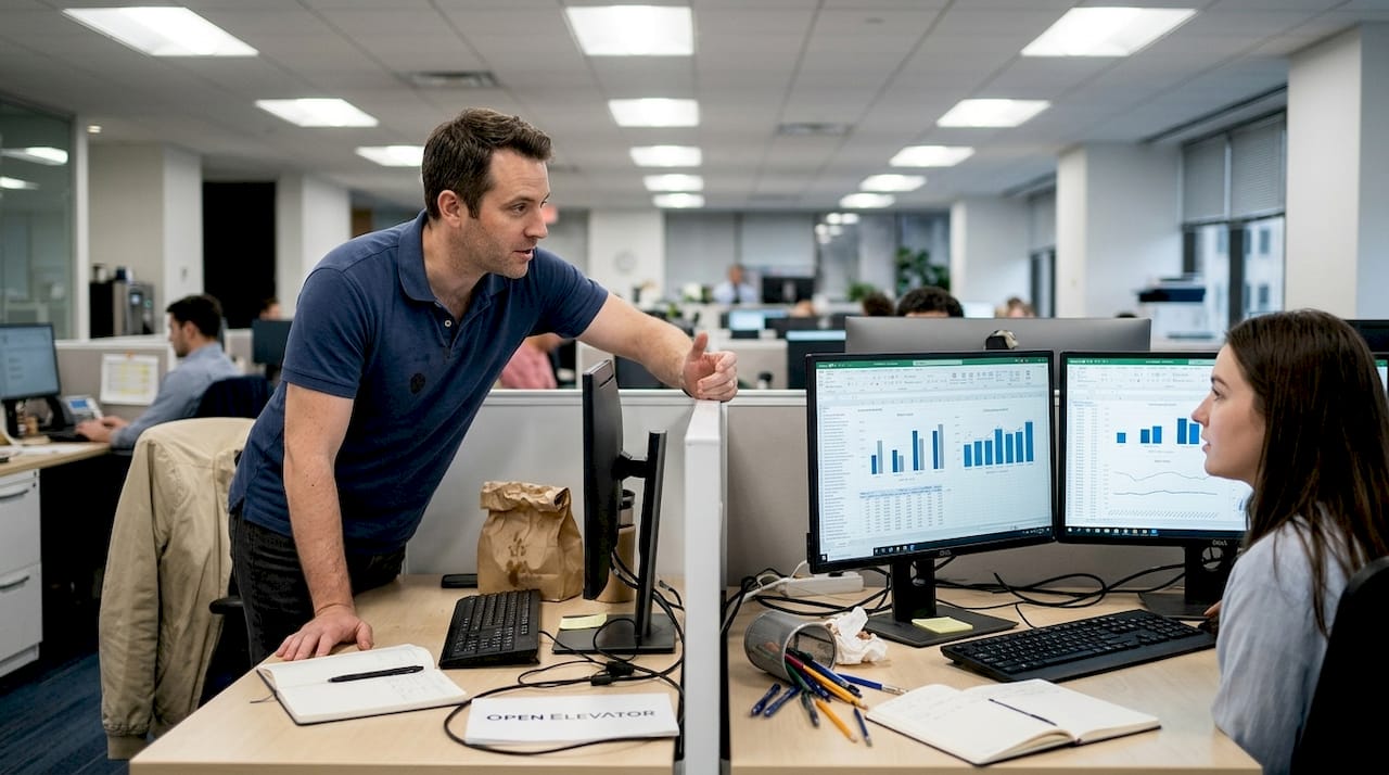 Team leader casual coaching in busy workspace