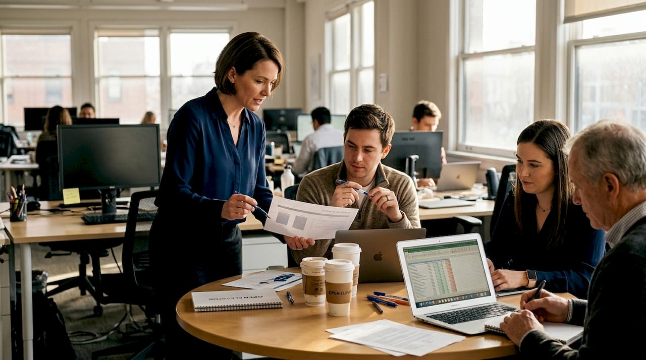 Team leader reviewing report with colleagues