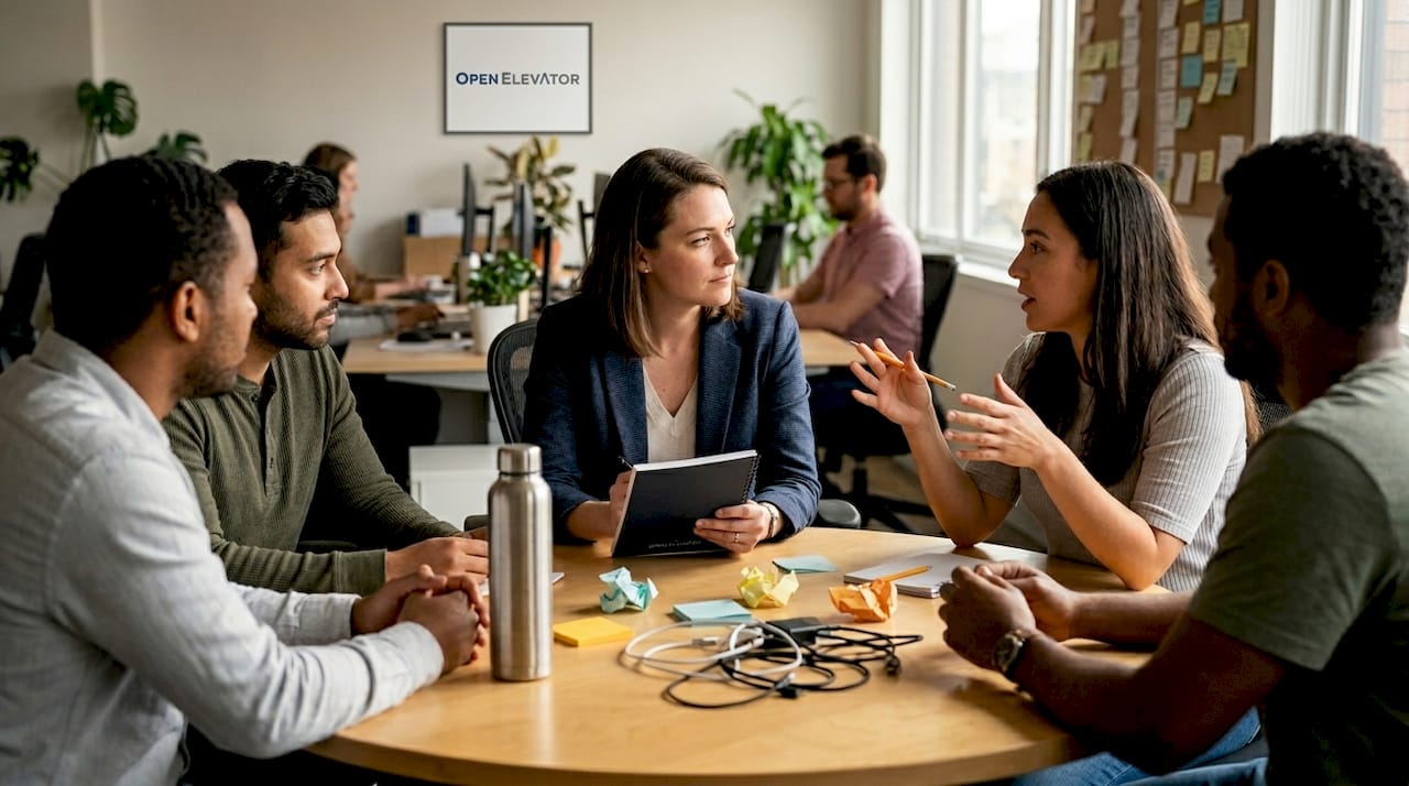 Manager leading team discussion at workspace
