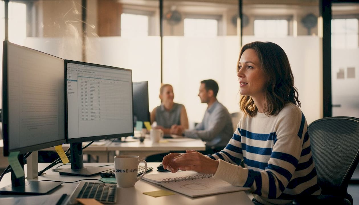 Employee observing team leader, work paused