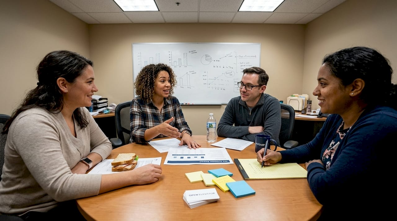 Team discussing staff turnover in meeting room