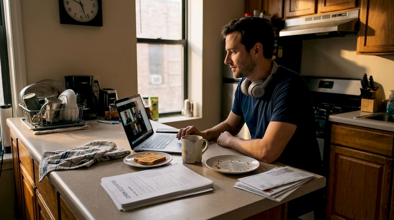 Remote worker multitasking at kitchen workspace