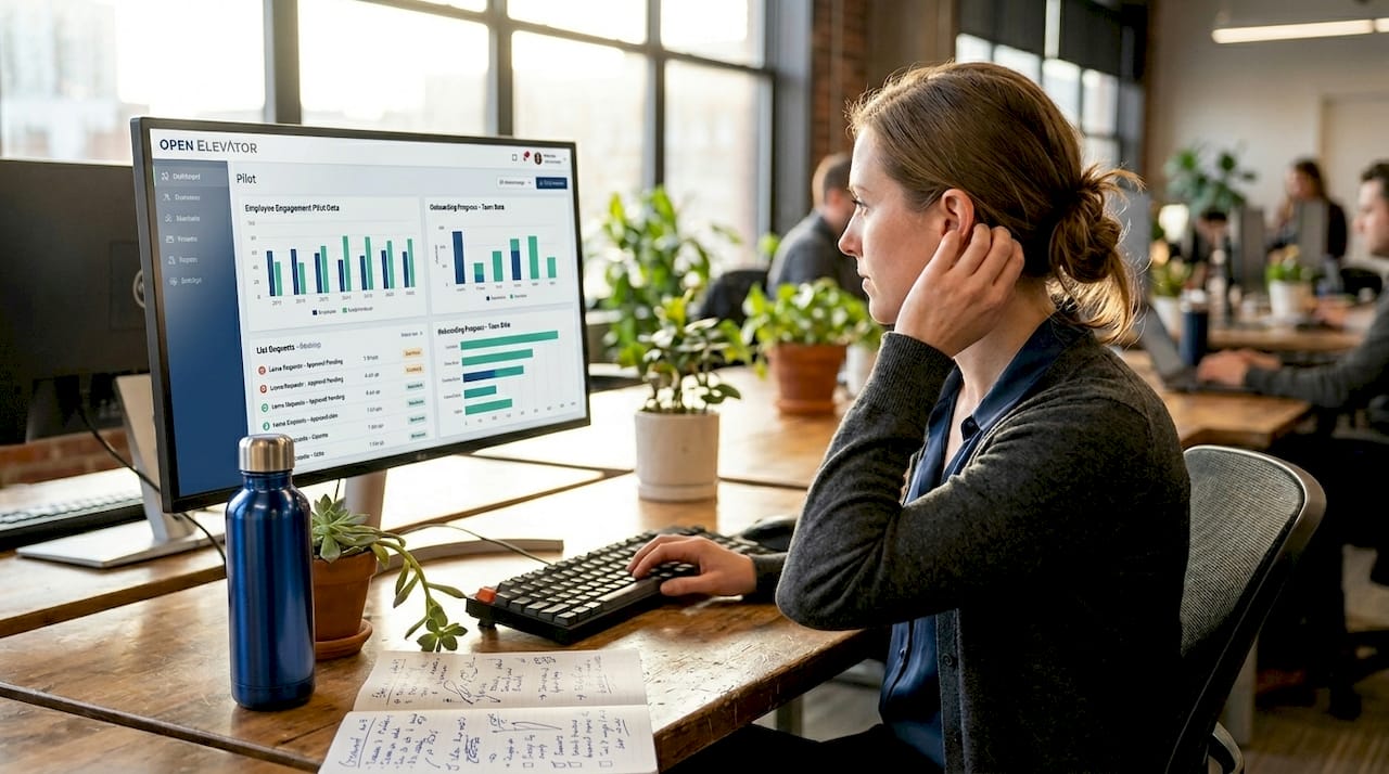 HR analyst pilot tests software at desk
