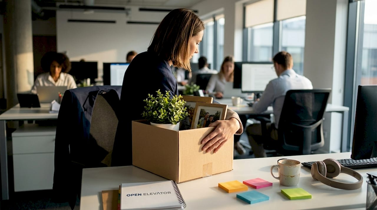 Employee discreetly packing up personal workspace
