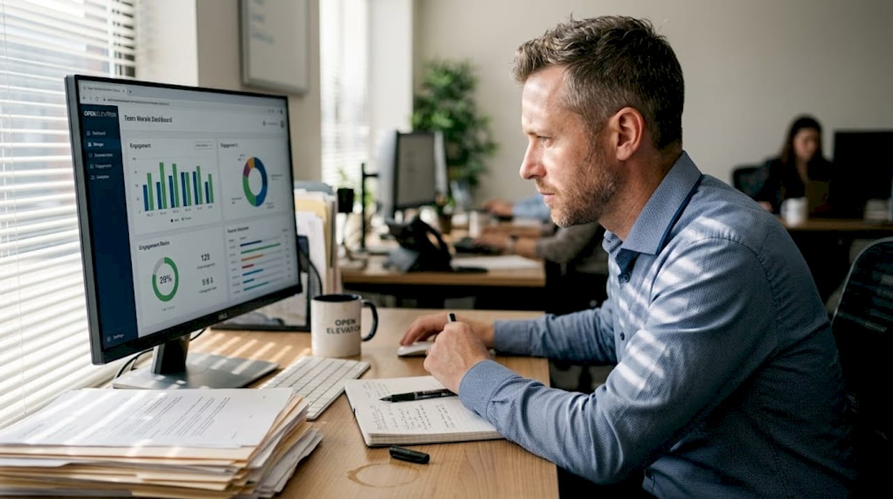 Manager viewing morale dashboard at desk