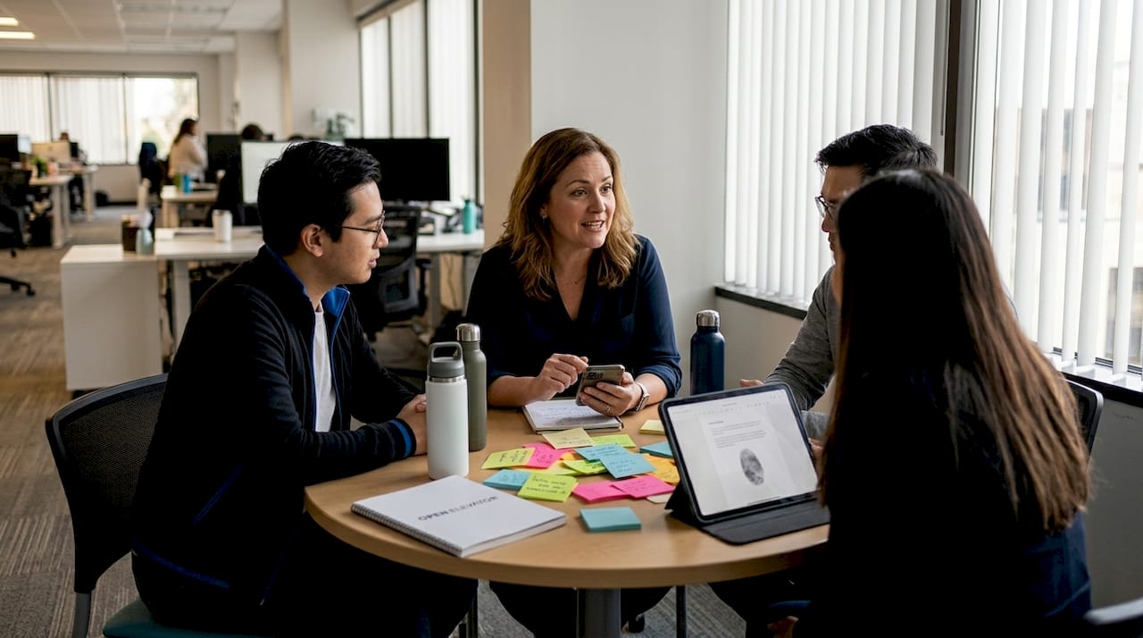 Leader discussing team issues in open office