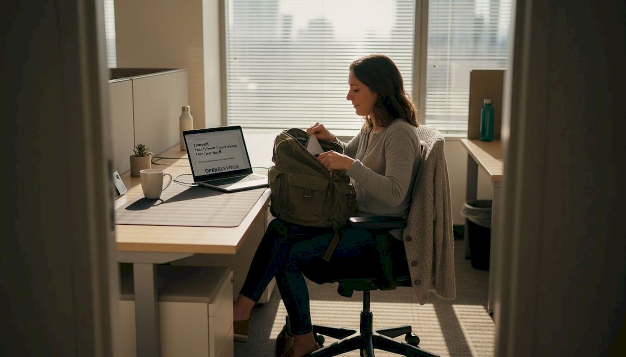 Employee quietly packing to leave workspace