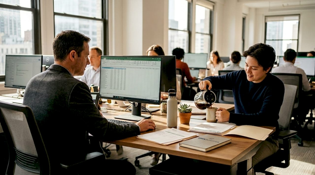 Coworkers reviewing data sheets together