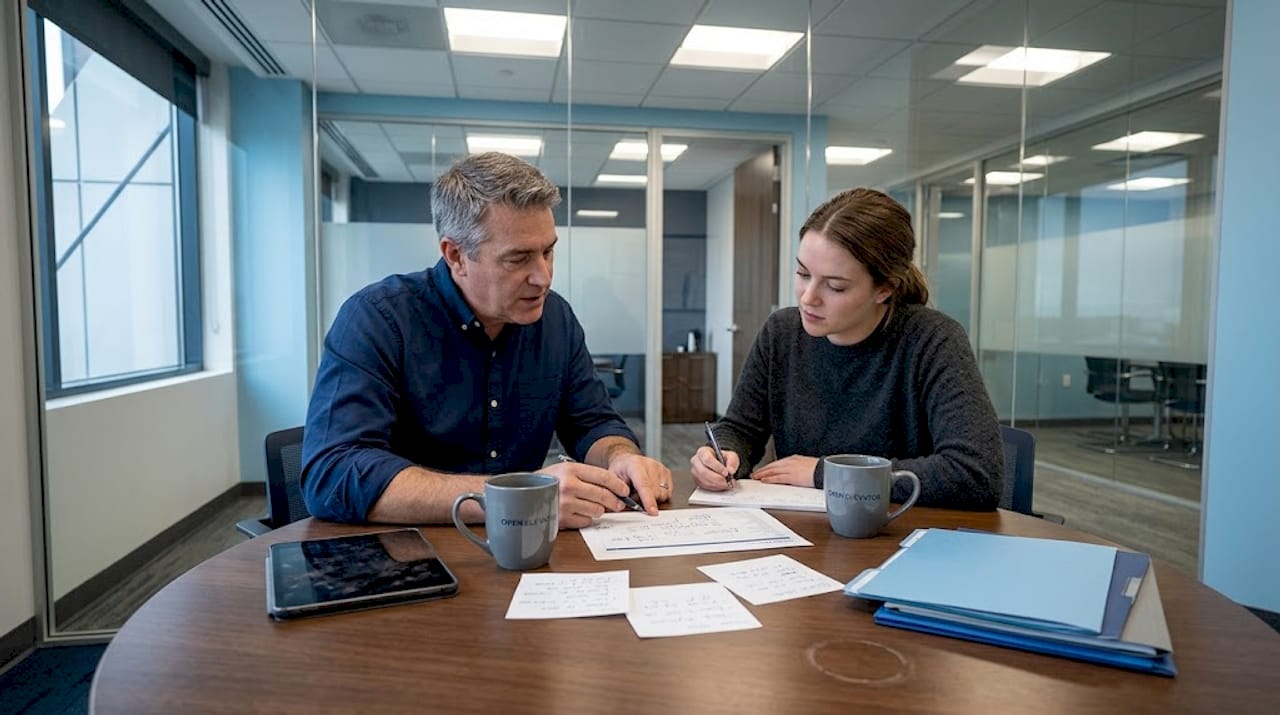 Manager and team member discussing at workspace table