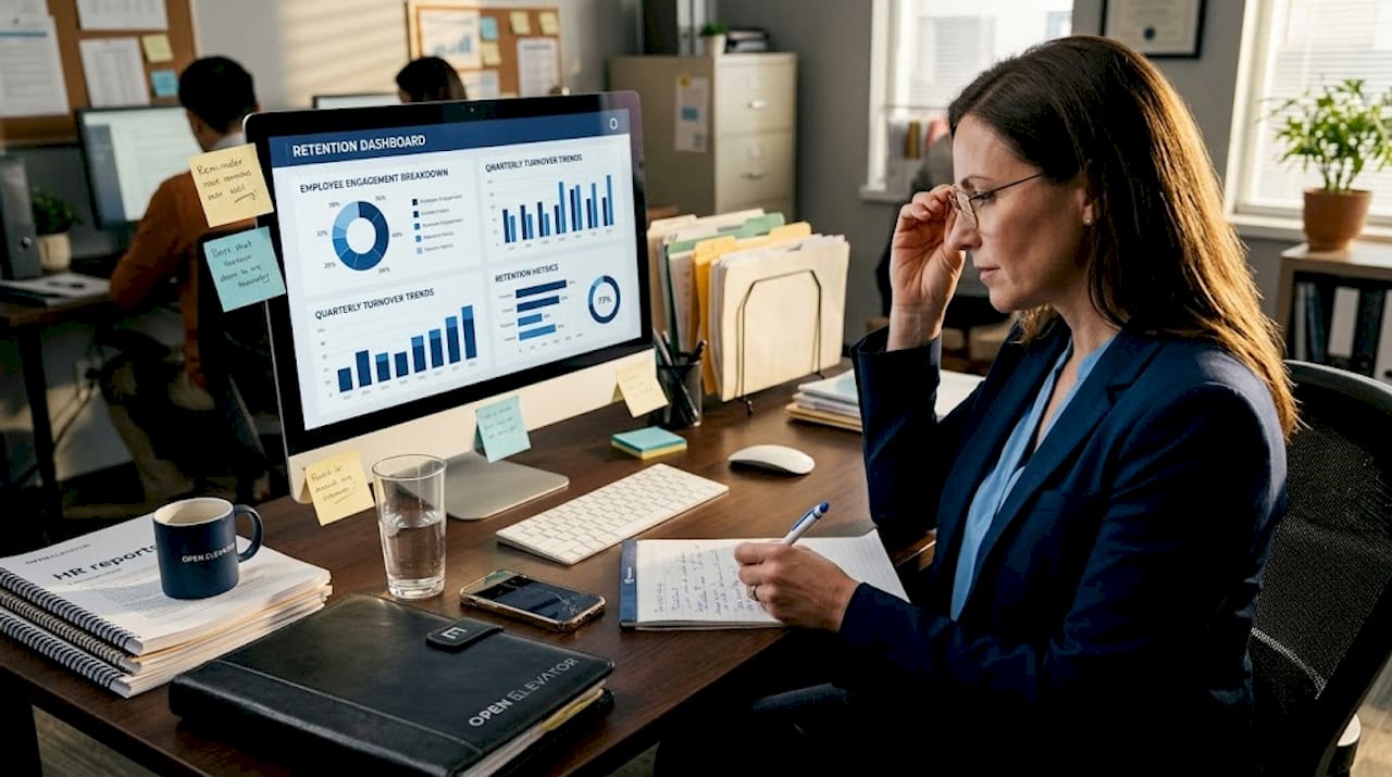 Supervisor reviews retention dashboard at desk