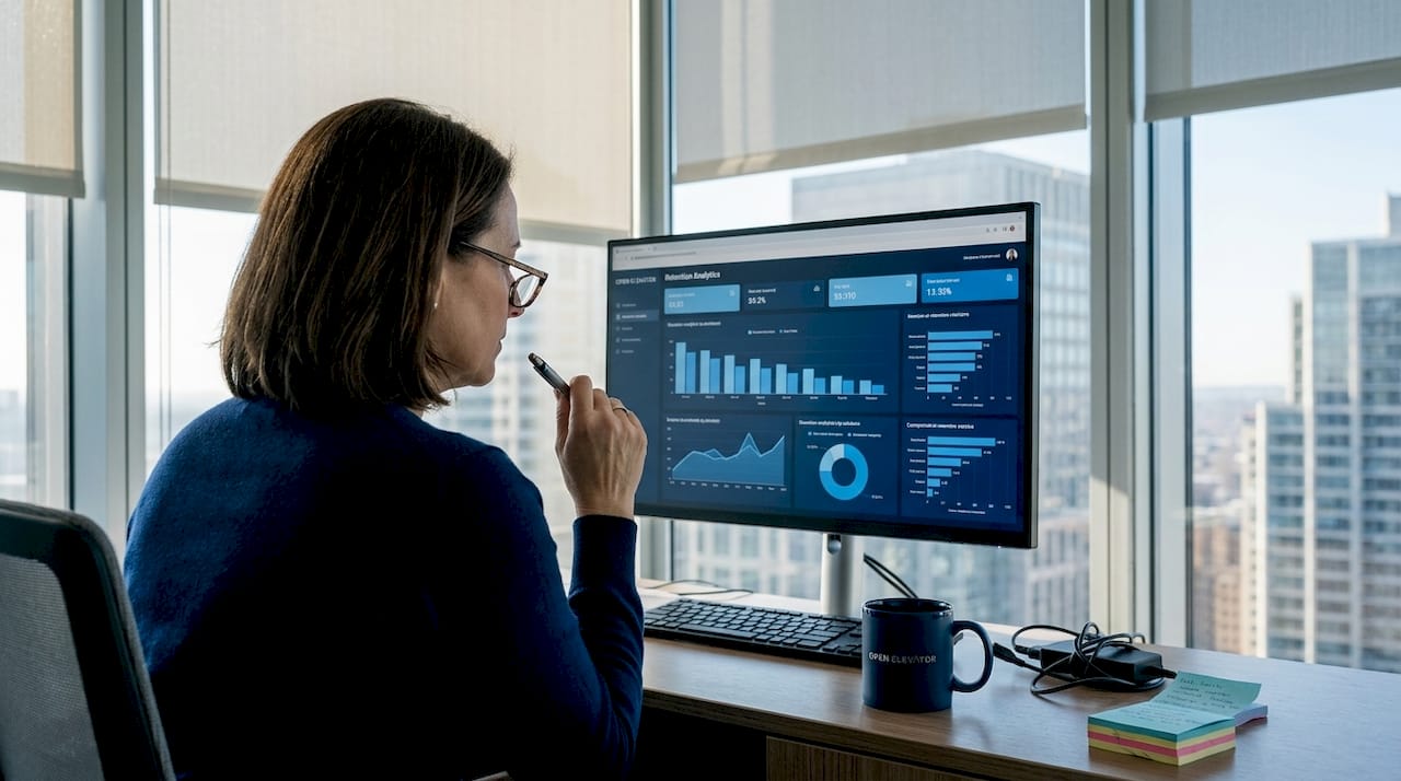 Manager analyzing retention dashboard in office