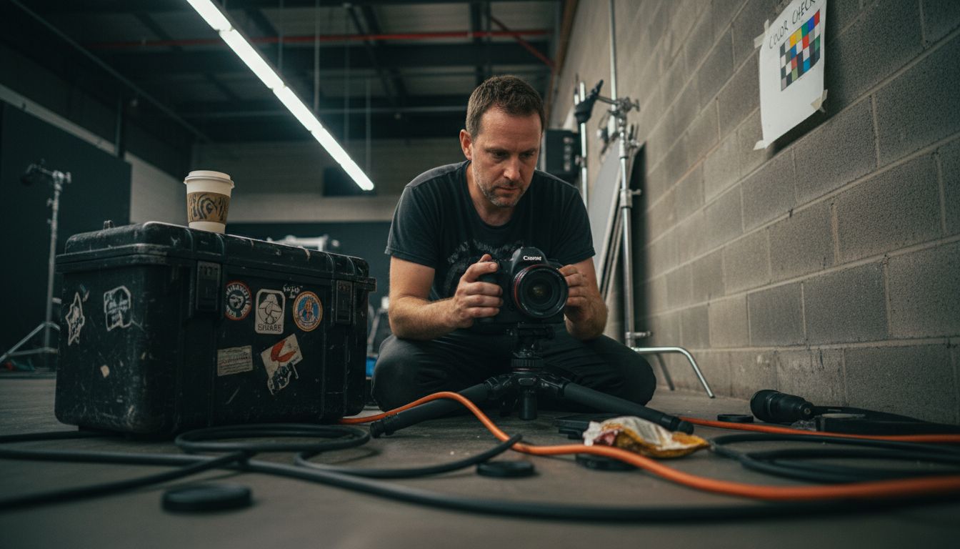 Cinematographer setting up camera equipment