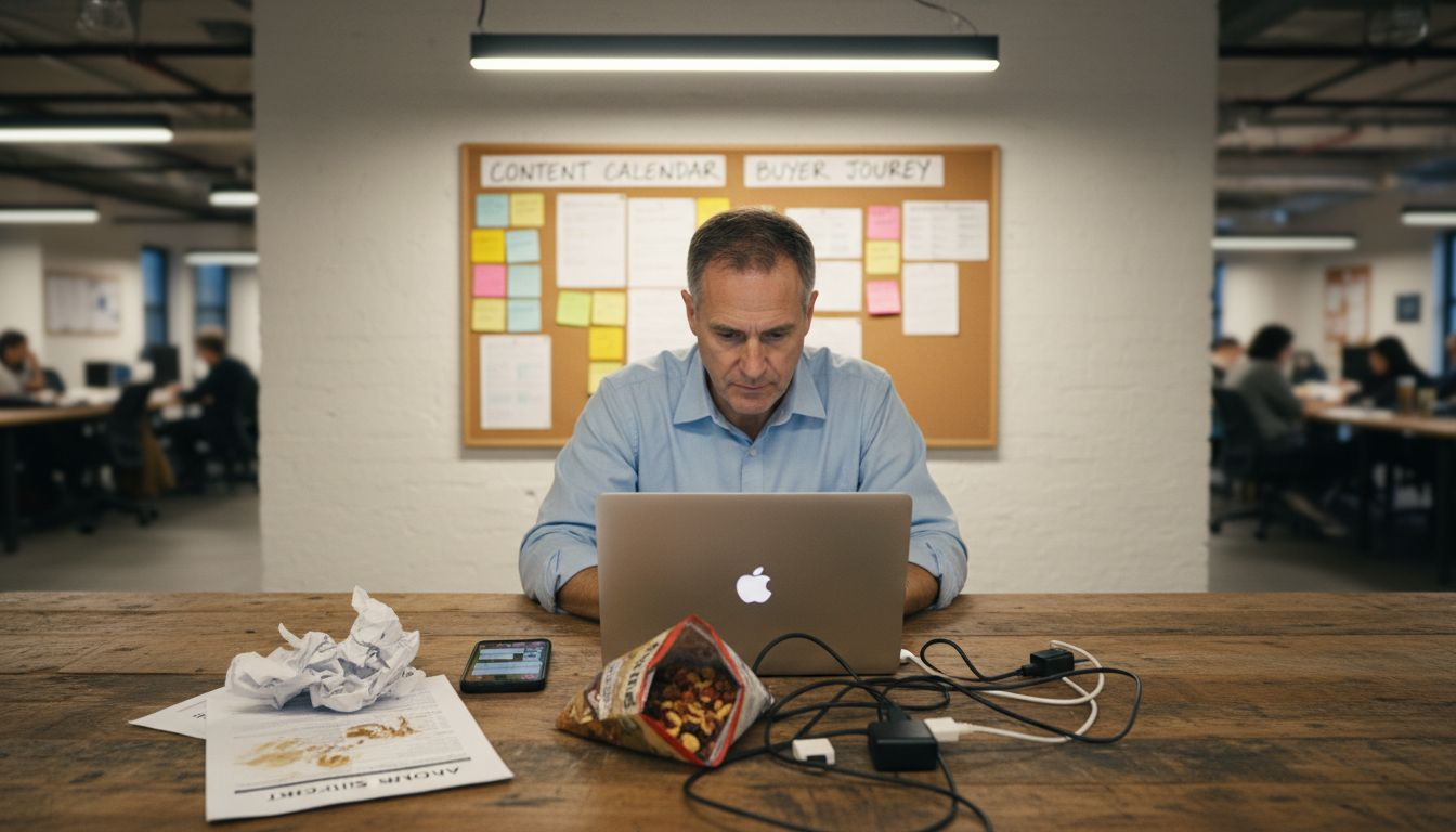 Workspace with video strategy documents and laptop